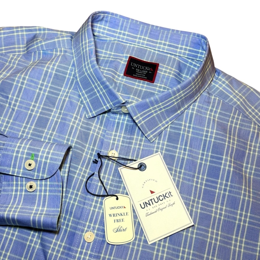 UNTUCKit Basano Mens‎ XXL Blue Plaid Wrinkle Free Button Down Shirt Long Sleeve